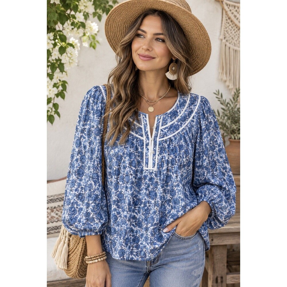 Ethnic Liberty Elysian Day paisley Blue granny Long Sleeve Popover Blouse Small